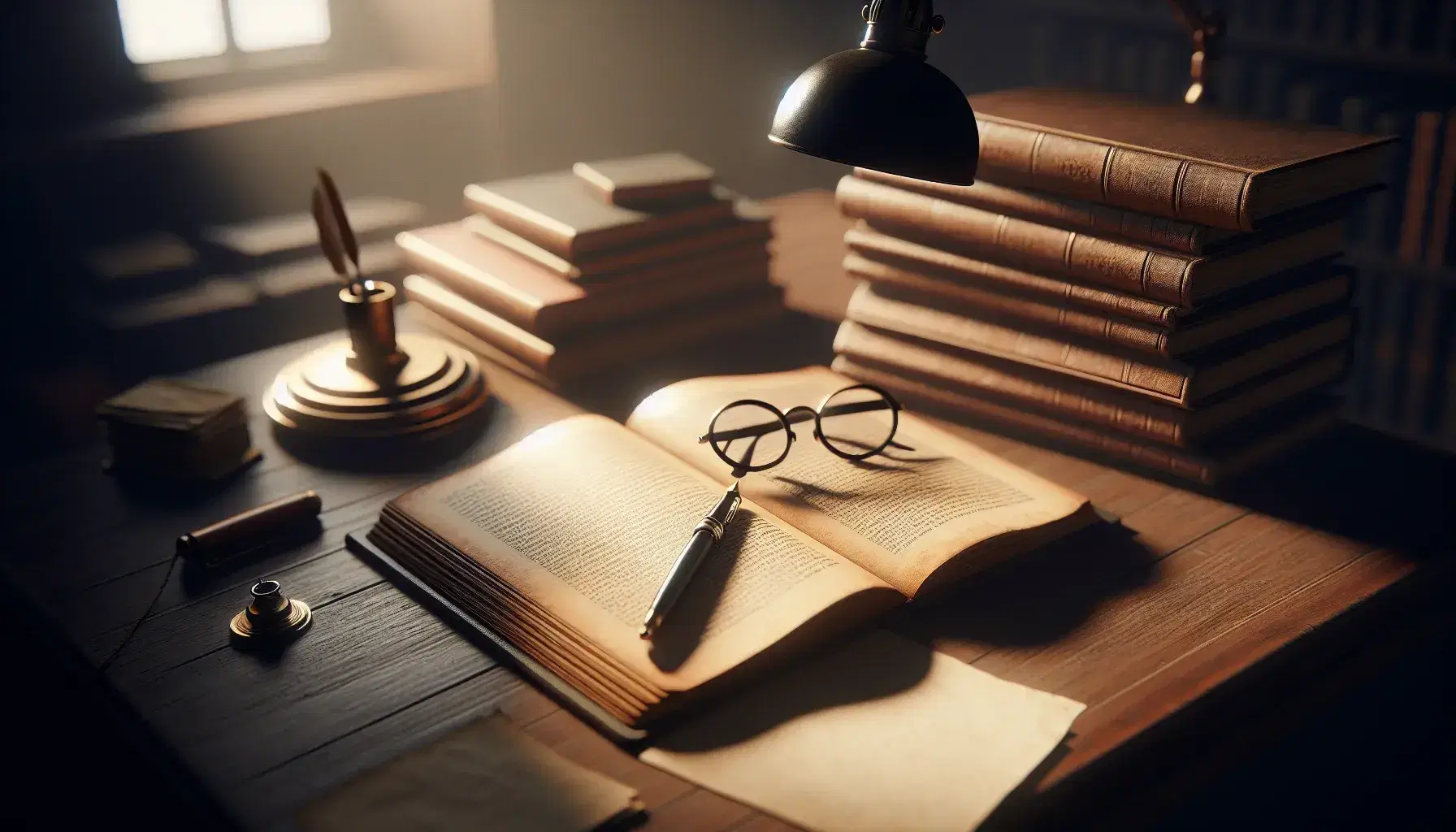 Wooden desk with open book, round glasses, fountain pen and paper, under soft light, background of shelves with books.