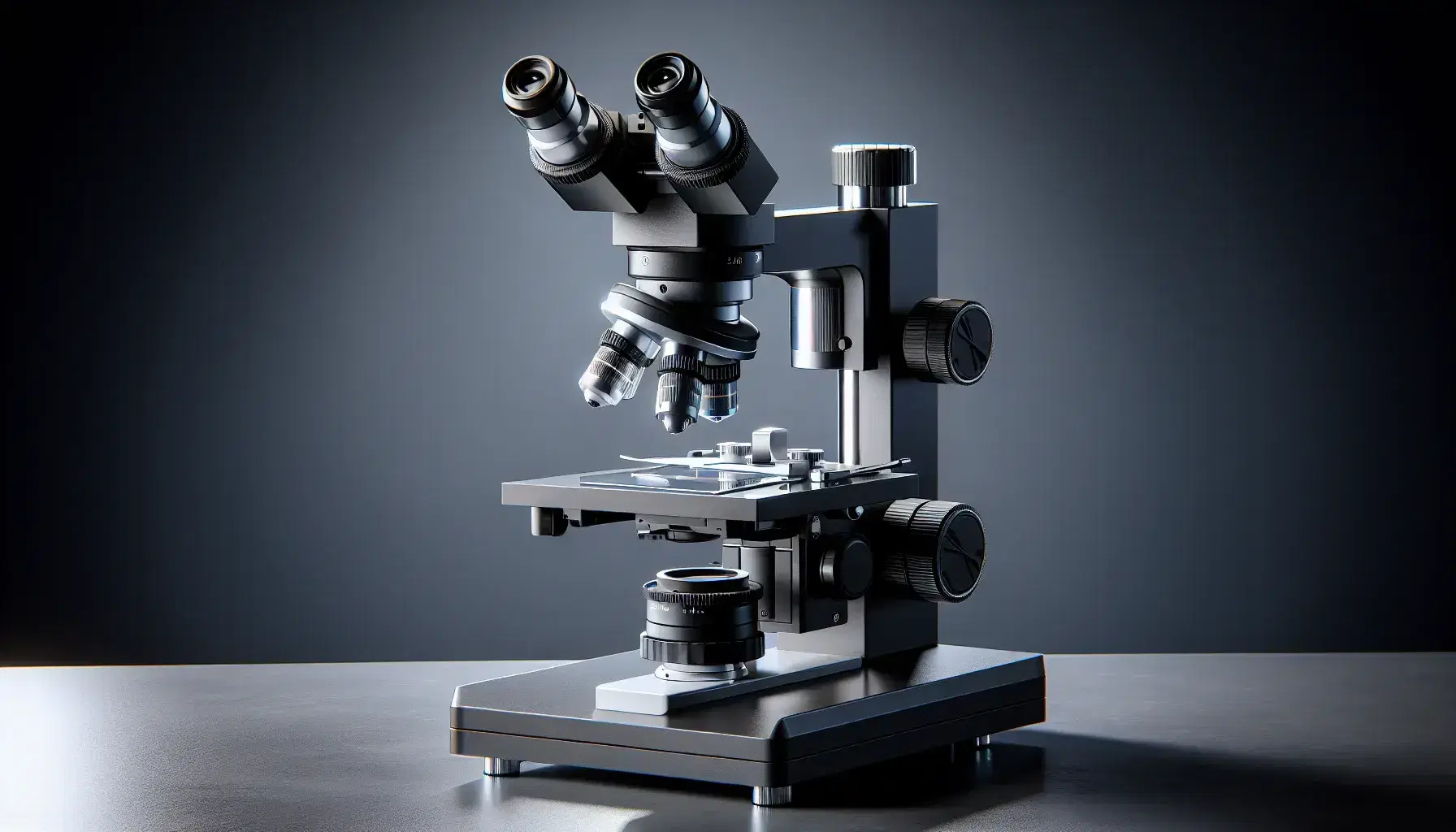 Microscopio compuesto moderno en laboratorio con objetivos metálicos, etapa mecánica con pinzas y controles de enfoque, iluminación incorporada y oculares de goma.