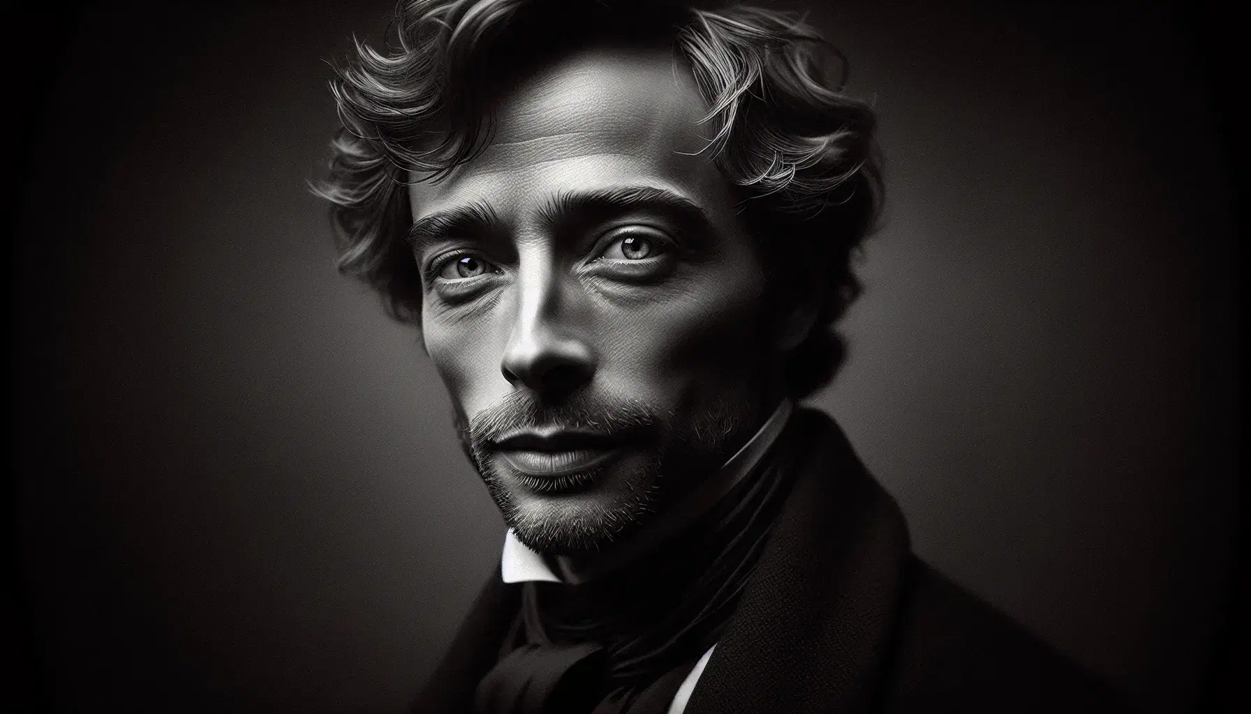 Ritratto in bianco e nero di uomo adulto in stile fine '800, con sguardo intenso, capelli corti e abbigliamento d'epoca.