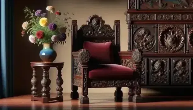 Elegant Spanish butaca armchair with red velvet upholstery and dark wood carvings, beside a round table with a blue gradient vase and colorful flowers.
