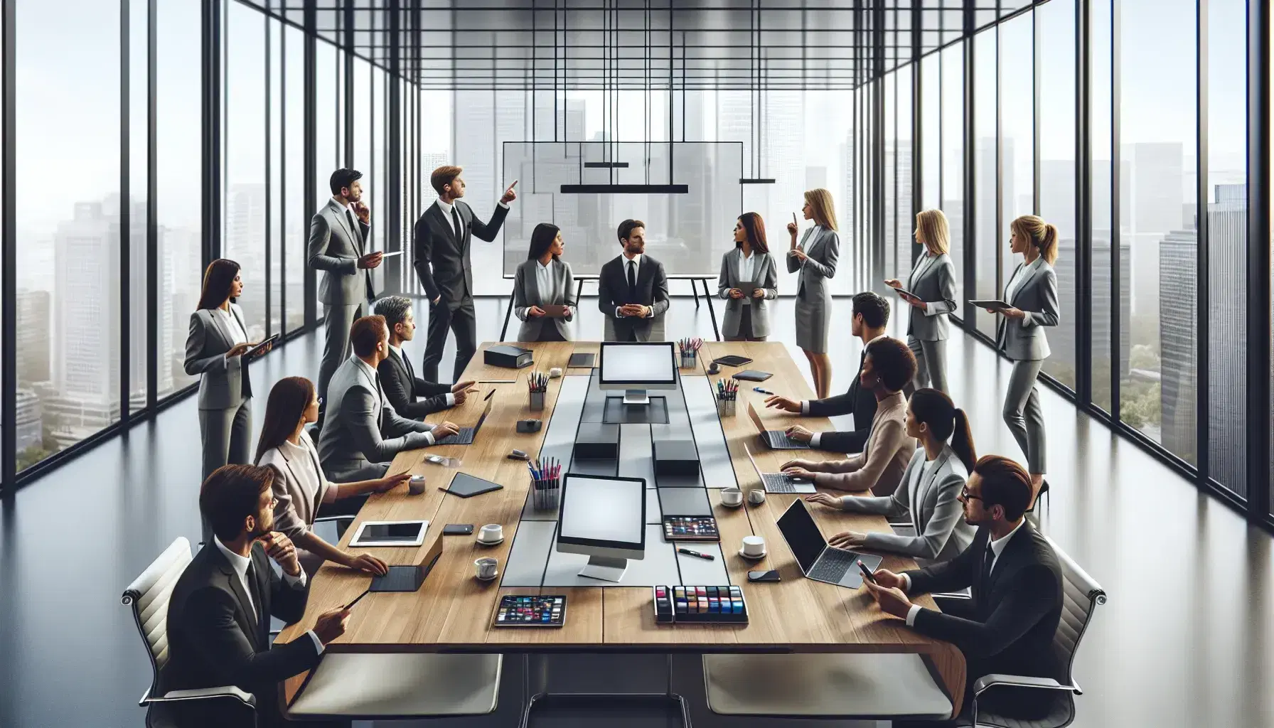 Diverse team collaborates around a wooden table with laptops and tablets in a bright, modern office with glass whiteboards and city views.