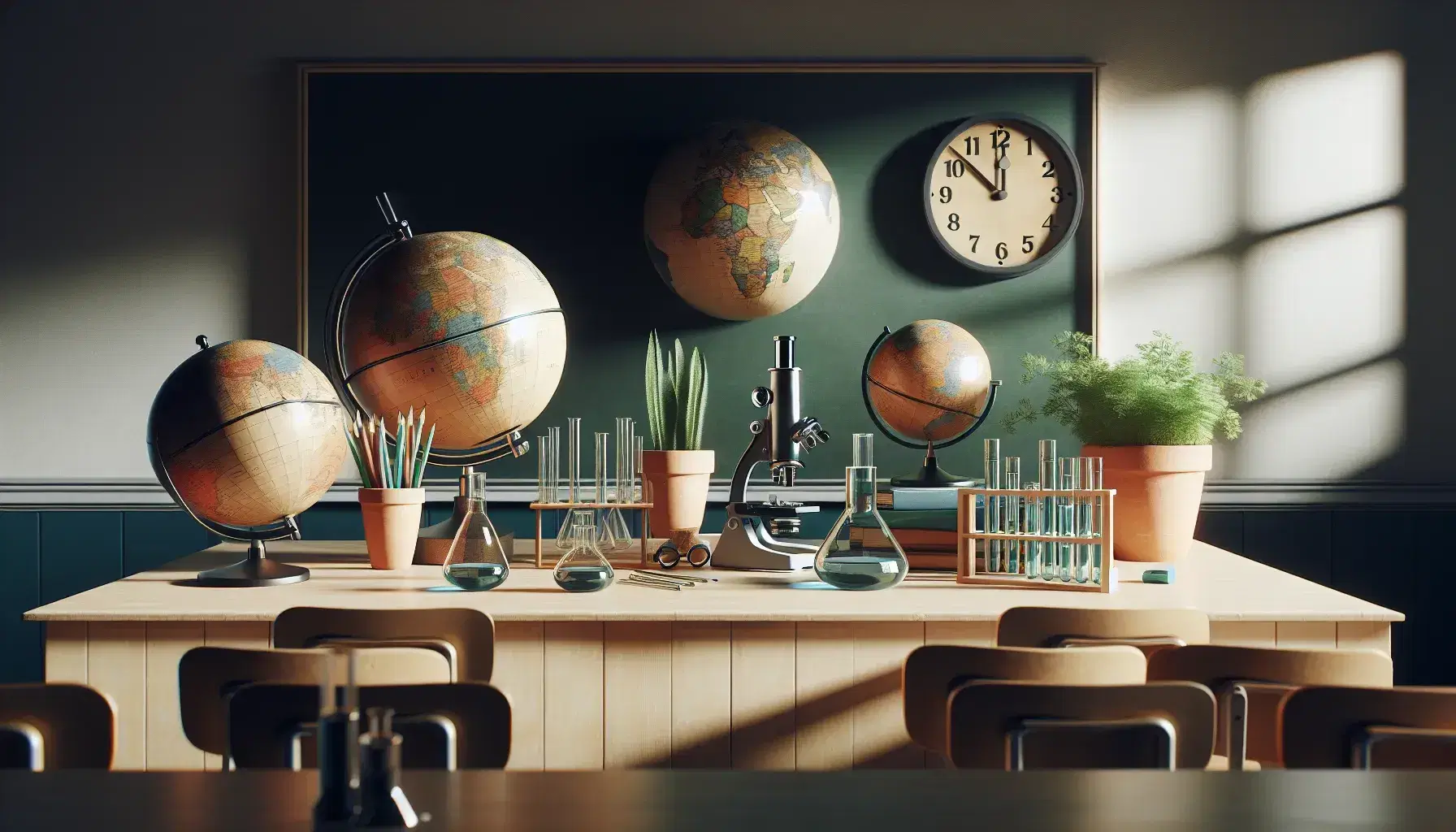 Aula scolastica con tavolo in legno, globi, piante in vaso, microscopio, provette vuote, lavagna pulita, orologio analogico e acquario con pesci.