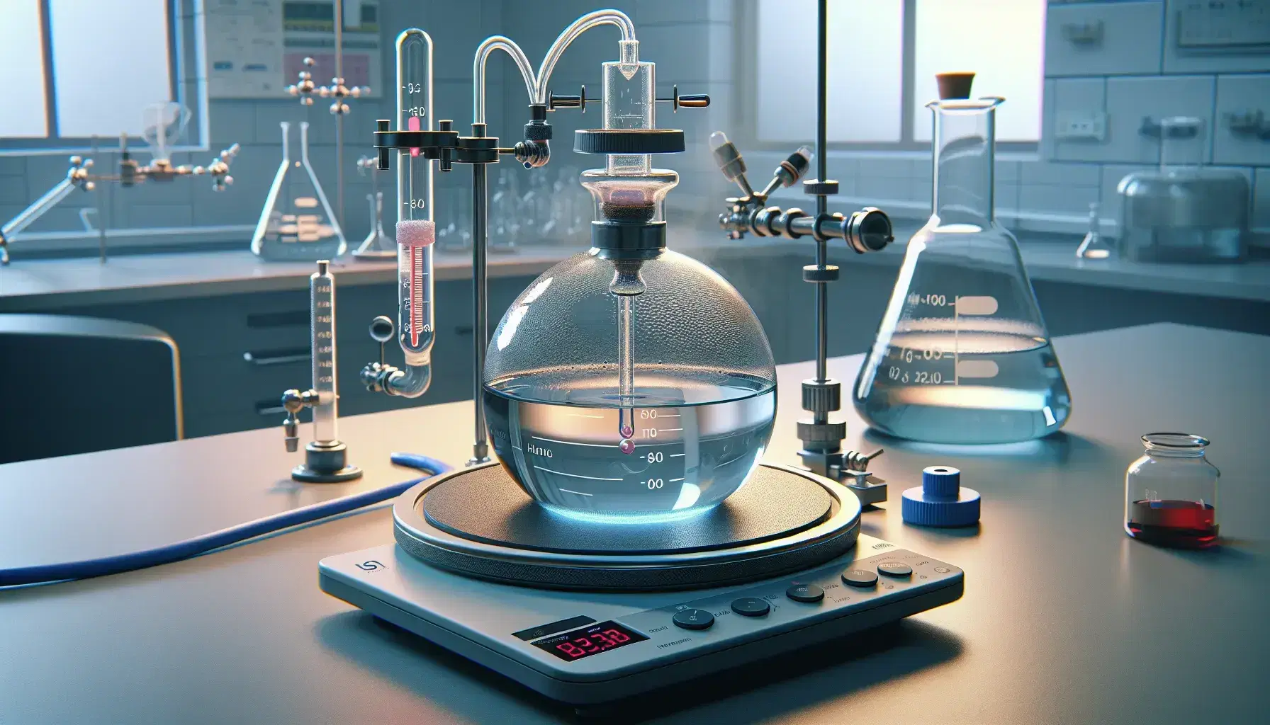 Chemical experiment in laboratory with flask on digital hotplate, reflux condenser, burette with colored liquid and beaker with magnetic stirrer.