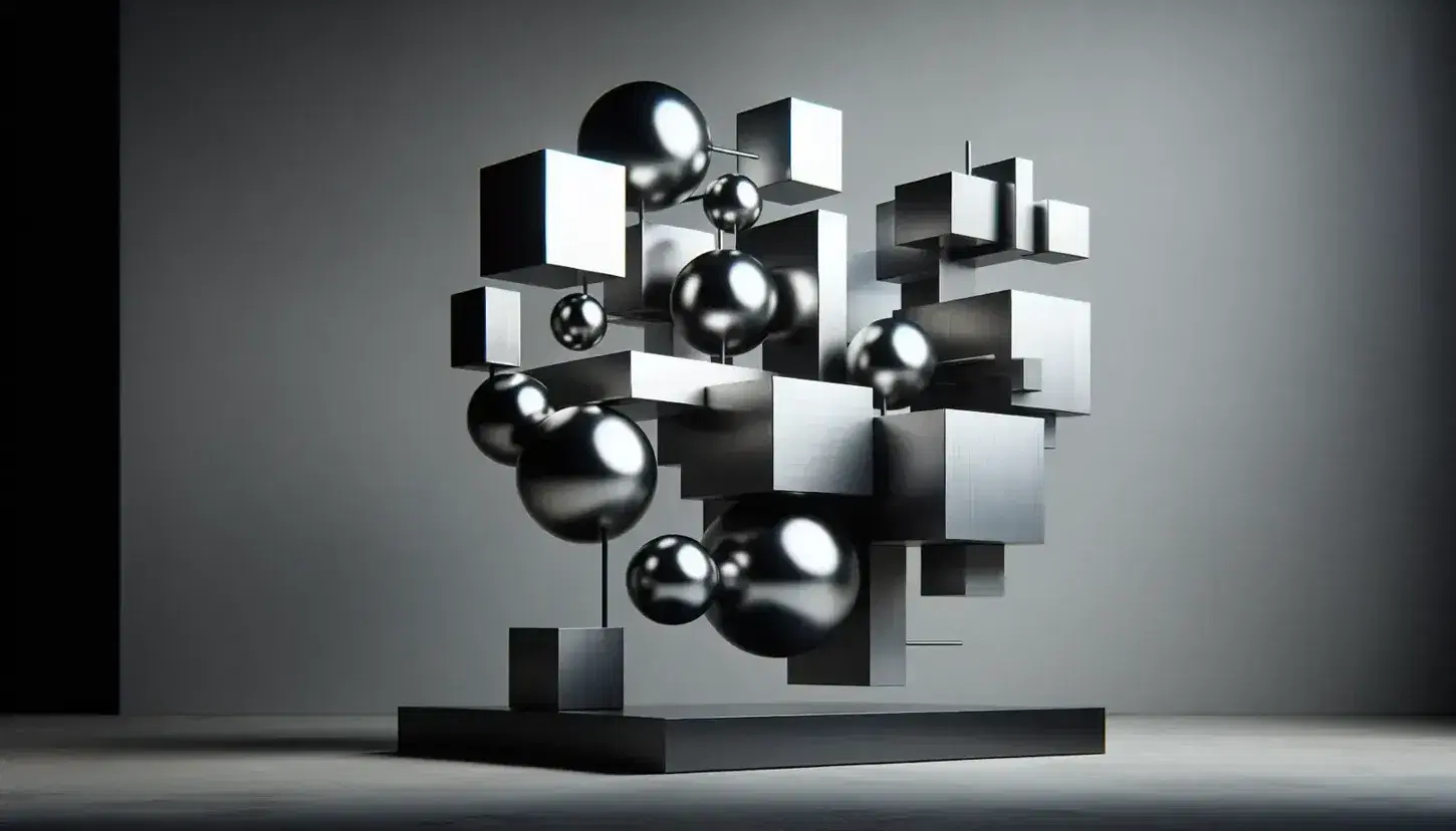 Escultura abstracta de metal con formas geométricas asimétricas, incluyendo esferas y cubos, sobre base oscura con sombras marcadas y fondo neutro.