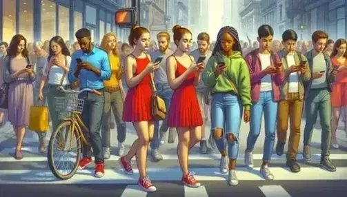 Diverse pedestrians engrossed in smartphones on a sunny city street, with a woman in red and a man in a blue suit in the foreground.