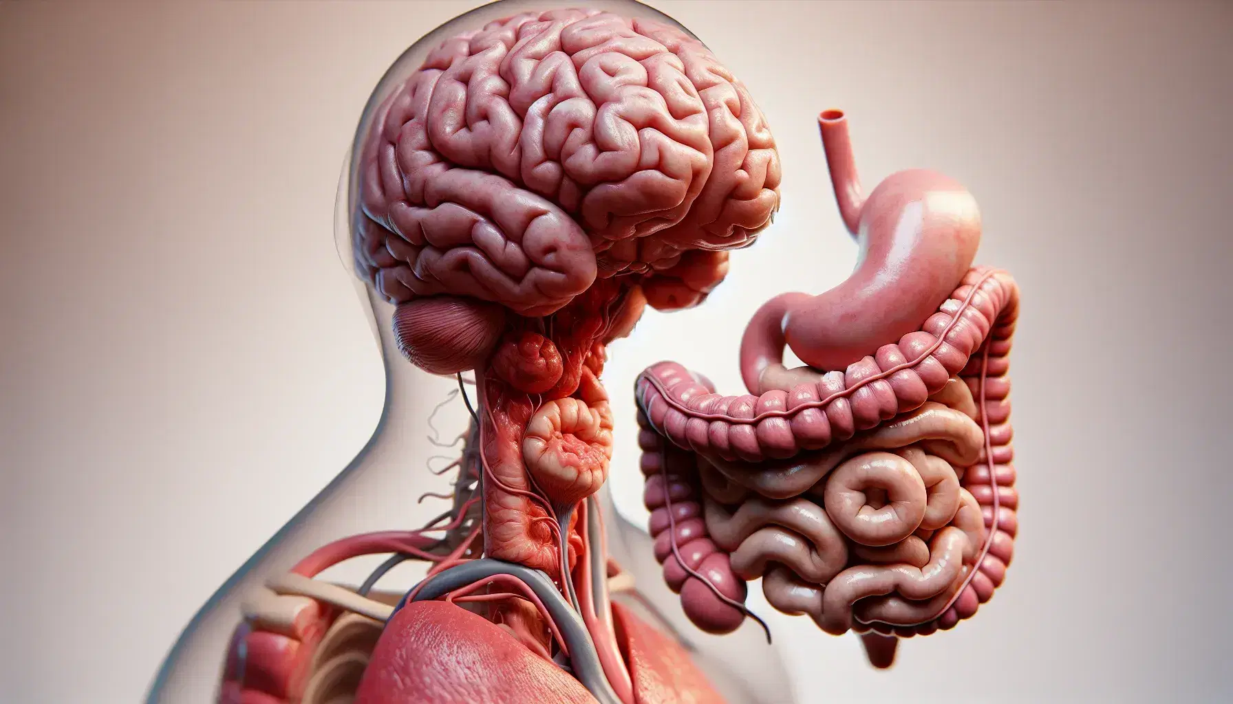 Detailed anatomical illustration showing a human brain beside a digestive system, with accurate depictions of brain lobes and intestinal loops.