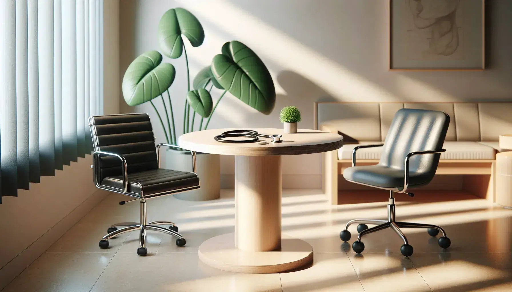 Consultorio médico con mesa de madera, silla giratoria de cuero negro, silla de paciente con cojín azul y planta verde en maceta blanca.