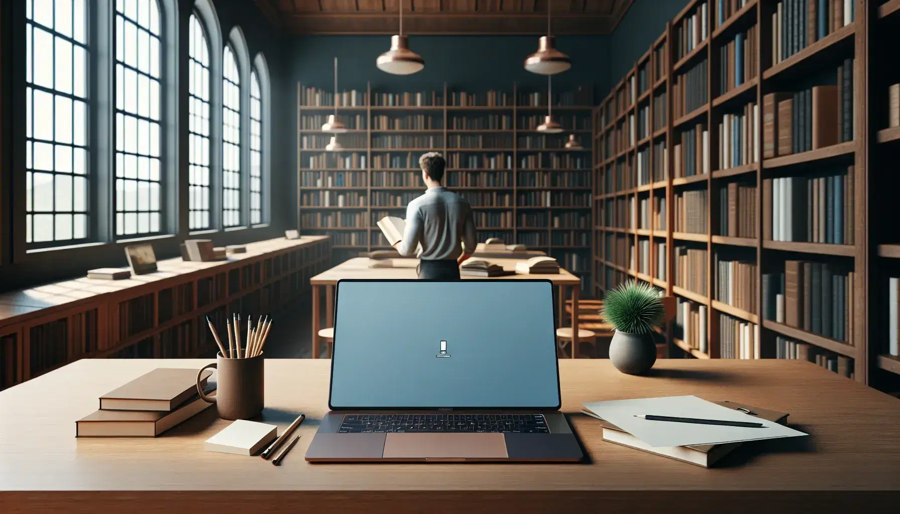 Biblioteca iluminada con estantes de madera y libros variados, mesa de estudio con laptop, papeles y taza de café, ventana grande y persona seleccionando un libro.