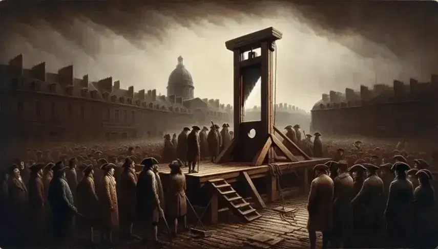 French Revolution scene with wooden guillotine on empty platform and crowd in unlit clothes, city background under overcast sky.