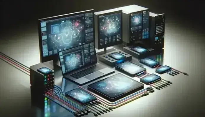 Dispositivos electrónicos en escritorio con laptop, tablet, smartphone y monitores conectados a un servidor y cables de colores.
