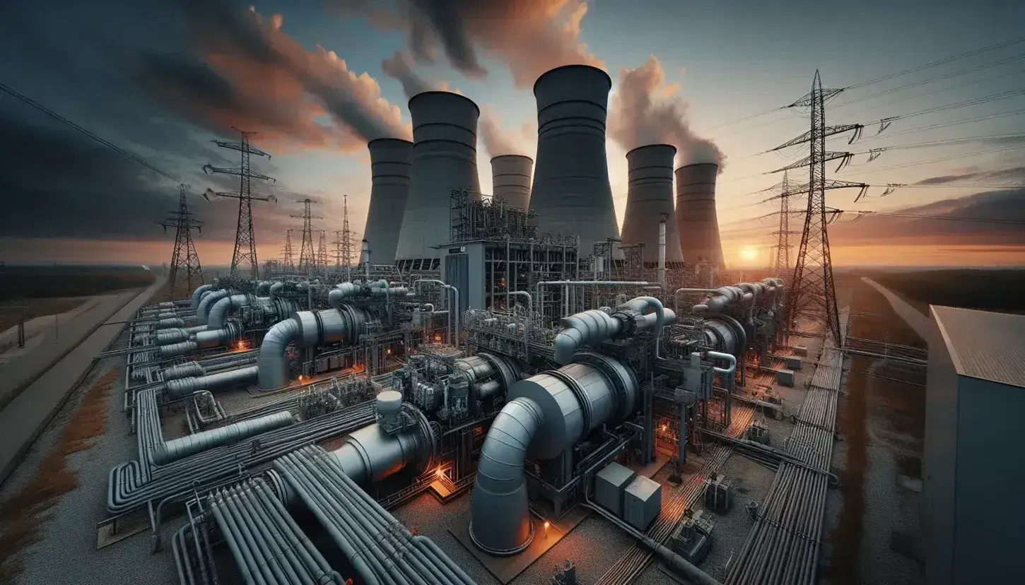Centrale elettrica al tramonto con turbine a vapore, generatori, torri di raffreddamento e tralicci ad alta tensione.