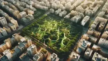 Vista aérea de un parque urbano con senderos serpenteantes entre árboles y césped, rodeado de edificios de distintos tamaños y colores en la ciudad.