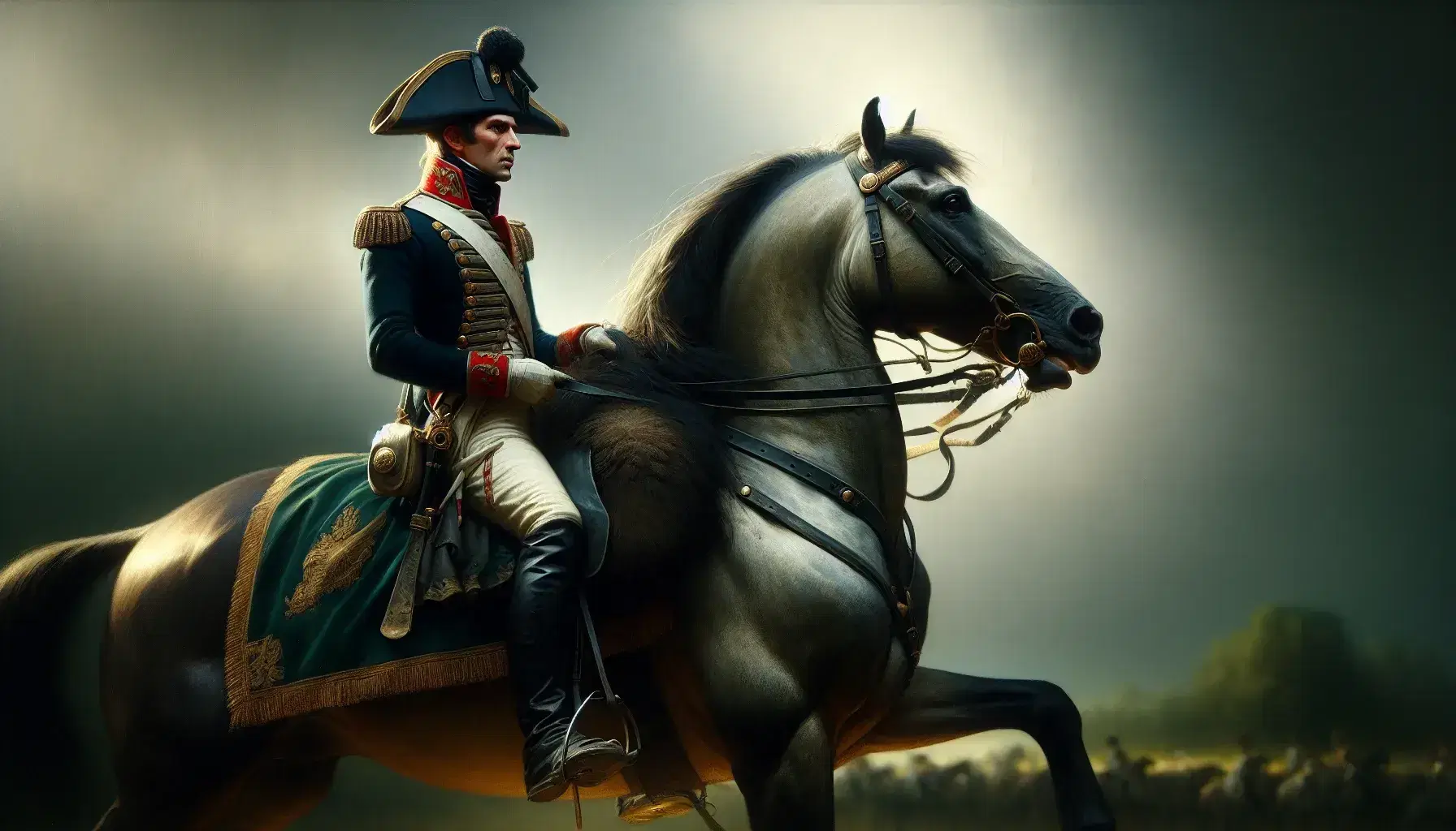 Ufficiale militare del XVIII secolo a cavallo in divisa blu con rifiniture rosse e bottoni dorati, cappello bicorno nero, su sfondo sfumato di battaglia.