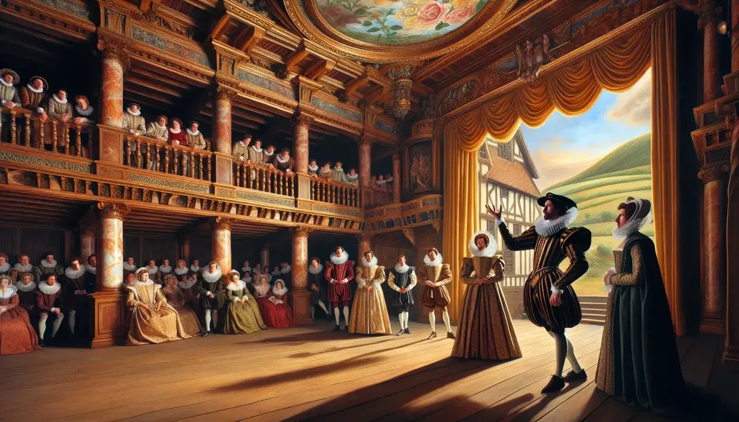 Actors in period costumes perform on a wooden stage in a historic Elizabethan theatre, with assorted spectators in the gallery.