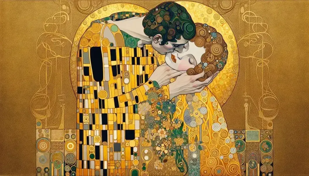 Uomo bacia fronte donna in abbraccio Art Nouveau, mantello dorato con motivi geometrici e organici, capelli lei con fiori stilizzati.