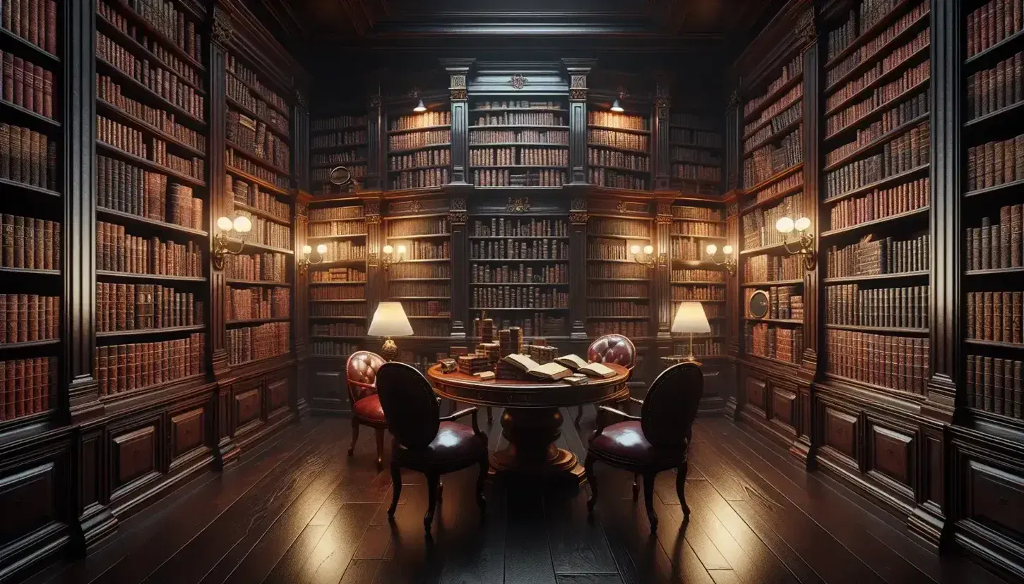 Biblioteca antica con scaffali in legno scuro e libri rilegati in pelle, tavolo ovale al centro, sedie in velluto rosso e illuminazione soffusa.