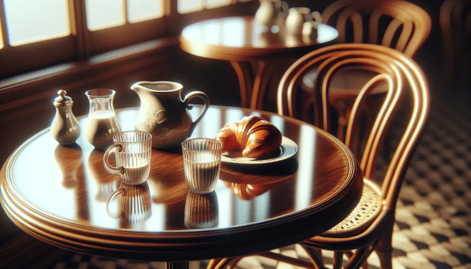 Close-up view of a cozy French café table with two glass cups, a ceramic creamer, and a half-eaten croissant on a wooden table with rattan chairs.