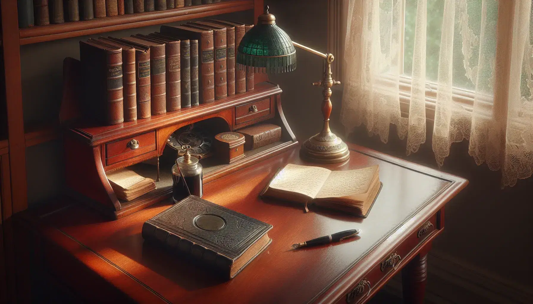 Vintage wooden writing desk with open book, leather journal, brass lamp, and inkwell in a softly lit room with lace-curtained window and bookshelf.