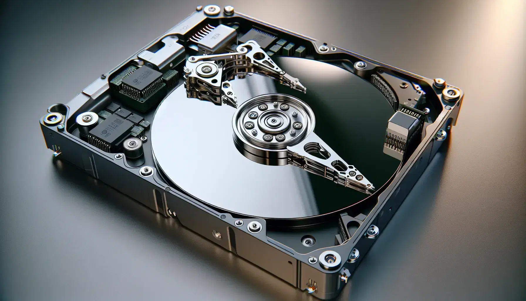 Close-up view of an open hard drive showing the reflective platter, read-write arm and internal actuator on a black background.