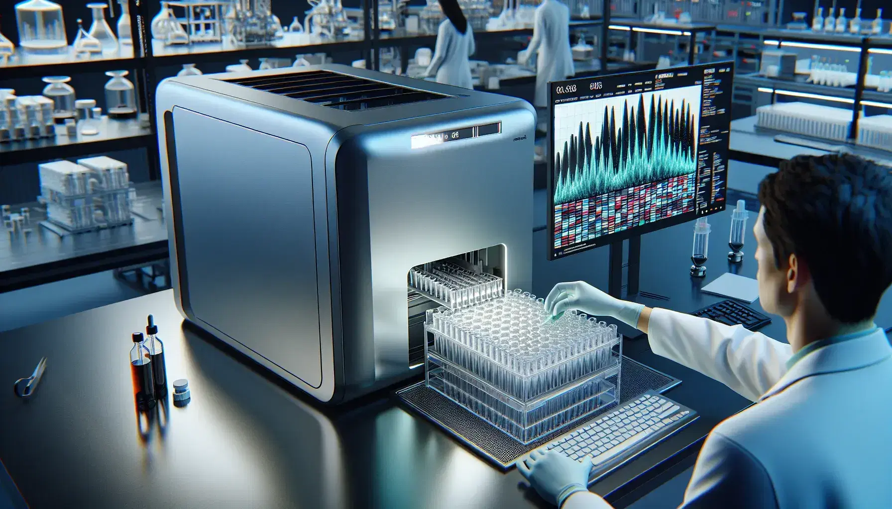 Scientist loading samples into a high-throughput sequencer in a modern lab, with a colorful genomic data graph displayed on a nearby computer monitor.