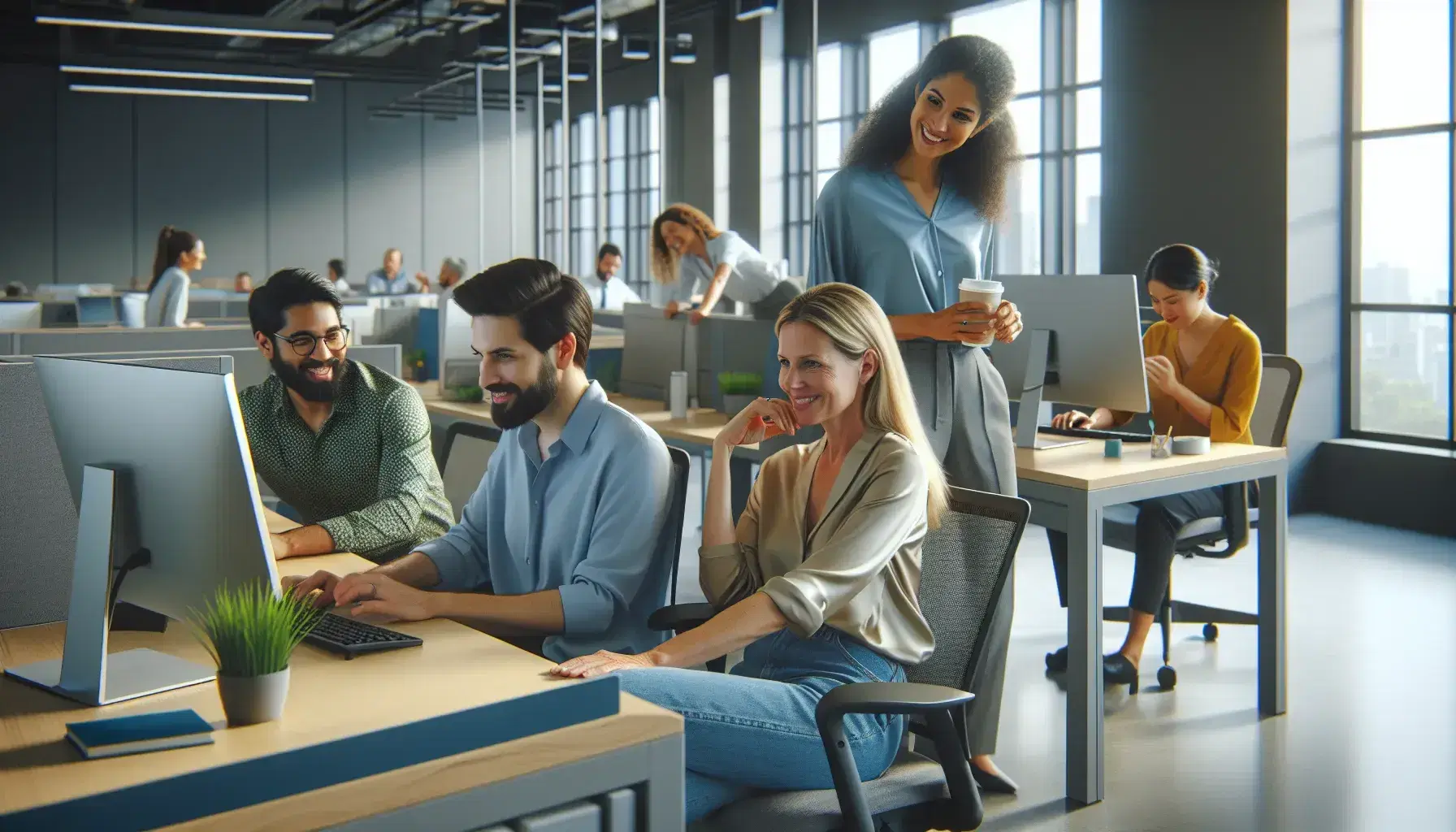 Multicultural office scene with employees at desks; woman typing, man with coffee chatting, relaxed and conversational coworkers, natural light.