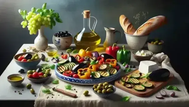 Tavola mediterranea con verdure grigliate, olive, olio d'oliva, basilico, uva, feta, pane integrale e pesce fresco in ambiente esterno soleggiato.