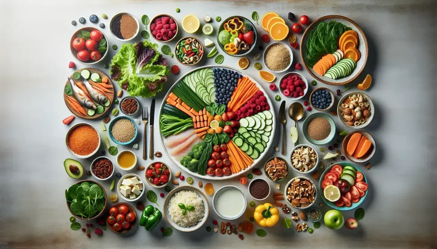 Tavola imbandita con cibo sano: insalata verde, pomodori, carote, peperoni, frutta fresca, cereali integrali, pesce, pollo, frutta secca e semi.