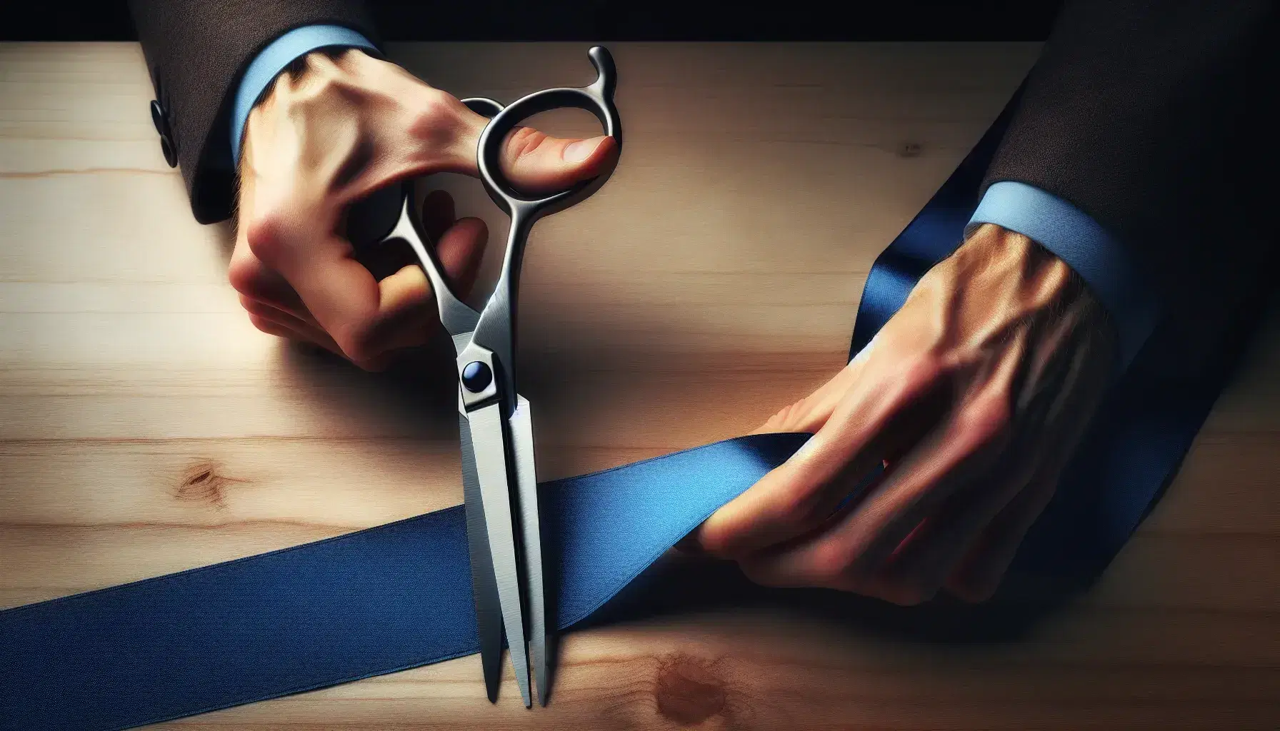 Hands holding scissors ready to cut a royal blue ribbon against a blurred wooden tabletop background, highlighting the anticipation of a ceremonial moment.