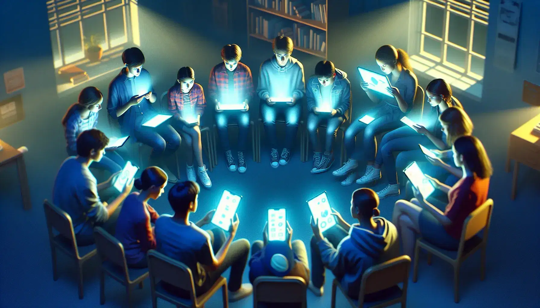 Gruppo di adolescenti seduti in cerchio con dispositivi elettronici in una stanza che sembra una biblioteca, interagendo tra loro.