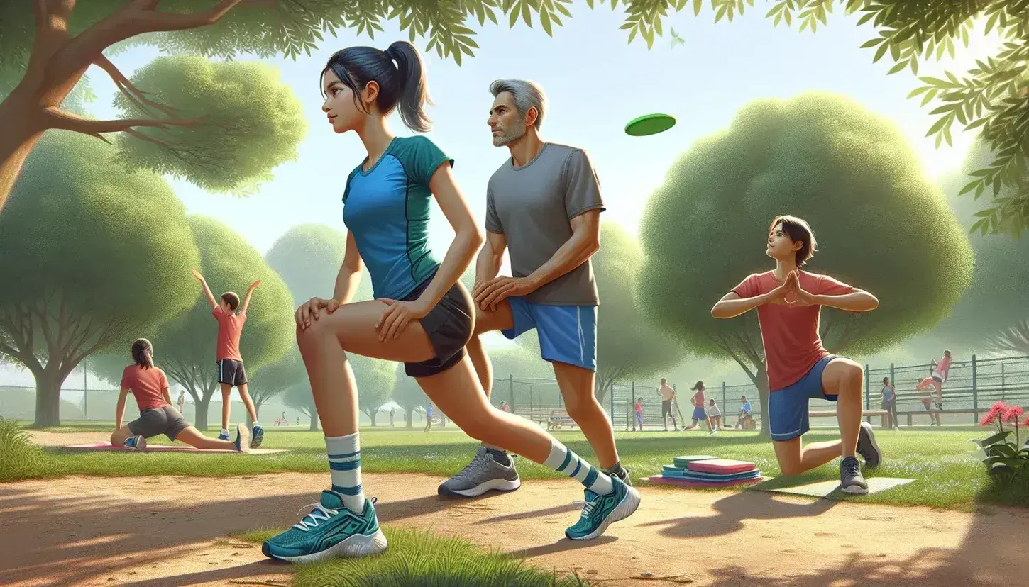 Joven mujer corriendo en parque con ropa deportiva, hombre estirando y niño jugando con frisbee en día soleado al aire libre.
