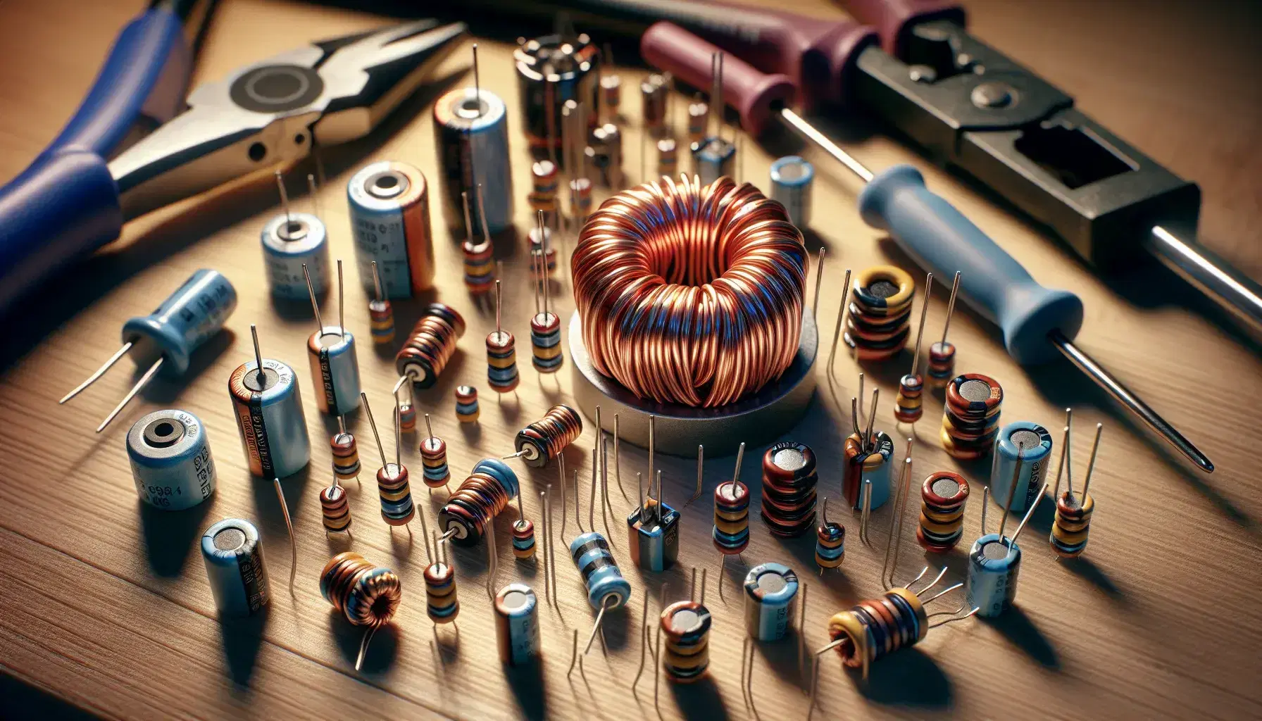 Componentes electrónicos con inductor cilíndrico y variedad de capacitores sobre superficie de madera, herramientas de soldadura desenfocadas al fondo.