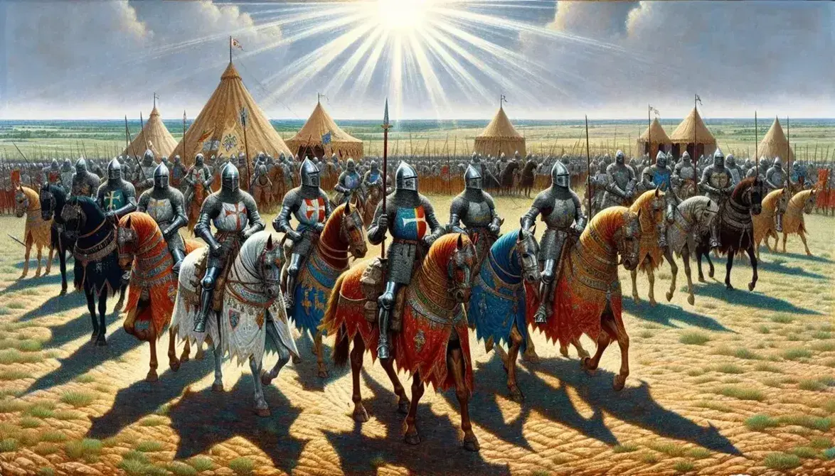 Cavalieri in armature scintillanti su cavalli bardati, in un campo delle Crociate con tende medievali sullo sfondo.