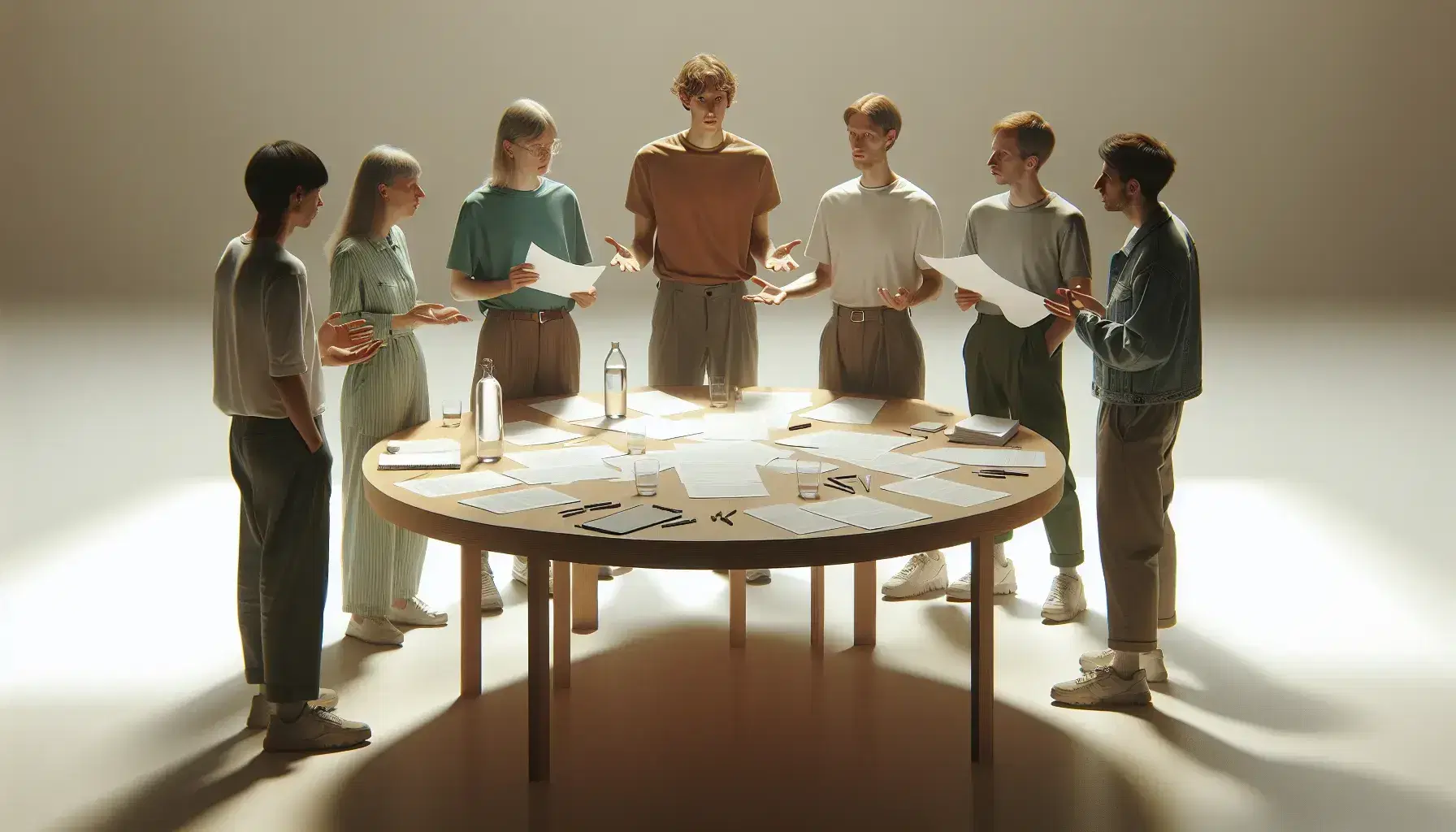 Grupo de cinco personas en reunión de trabajo alrededor de una mesa de madera con papeles y bolígrafos, discutiendo y tomando notas en un ambiente iluminado naturalmente.