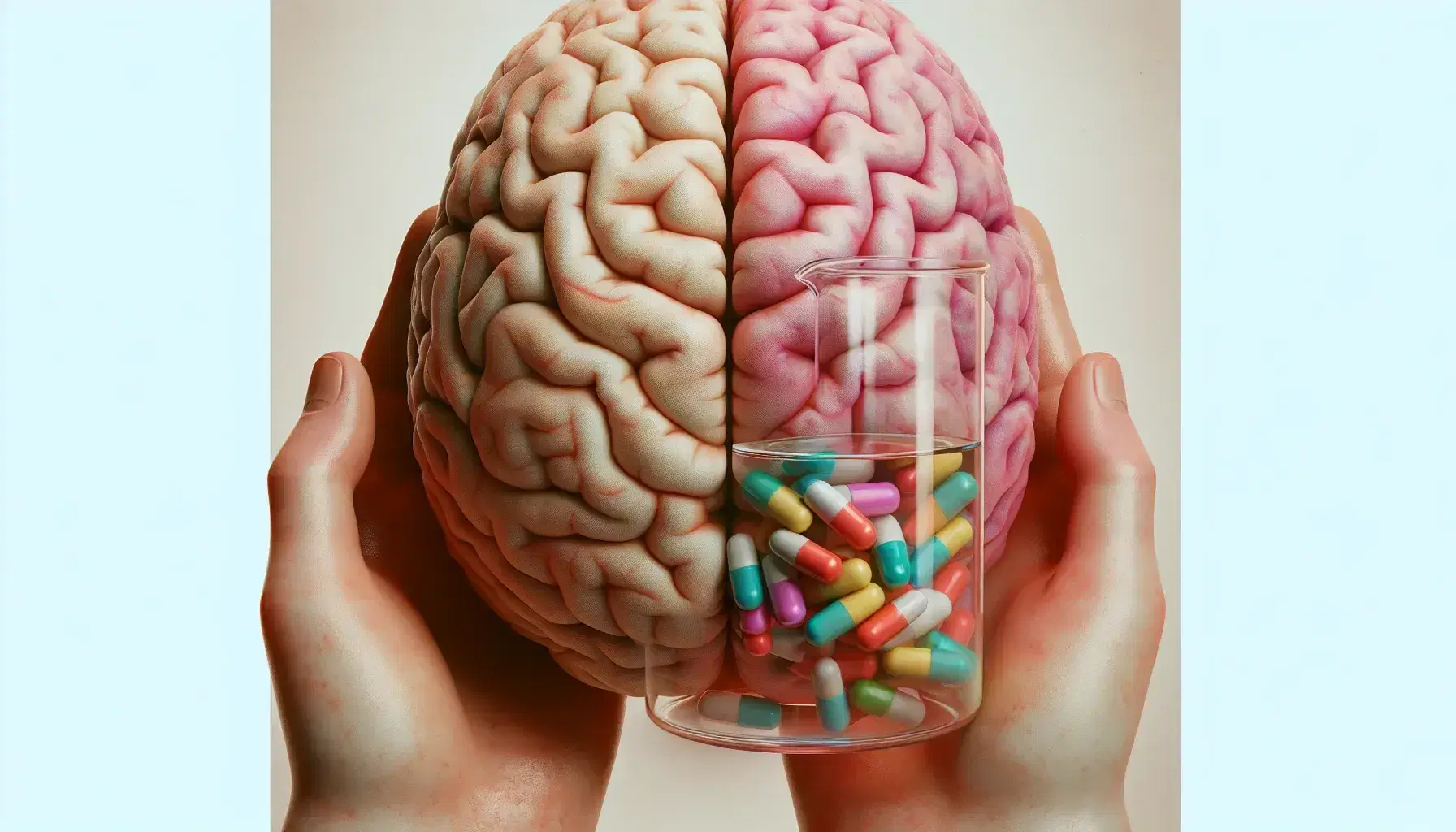 Detailed side view of a human brain in shades of pink and beige, hands supporting it and test tube with colorful pills symbol of addiction.