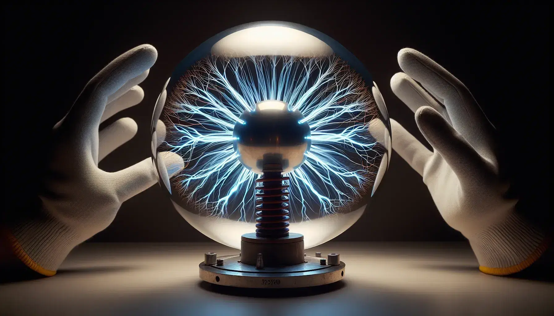 Esfera de Van de Graaff generando voltaje alto con destellos de luz azulada entre la superficie metálica y una mano enguantada acercándose.