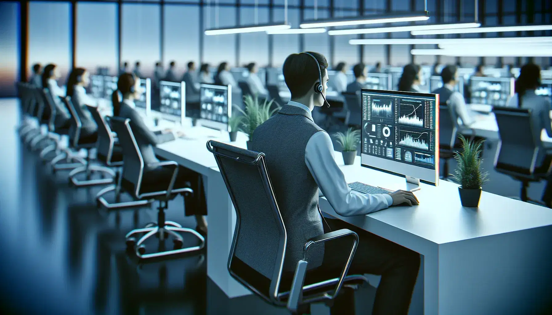 Concentrated call center operator at work with professional headphones, blurred monitor, colleagues in the background and modern furniture with green plants.