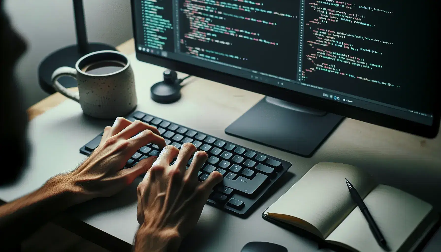 Manos sobre teclado negro en primer plano con pantalla de ordenador mostrando editor de código y taza de café al lado.