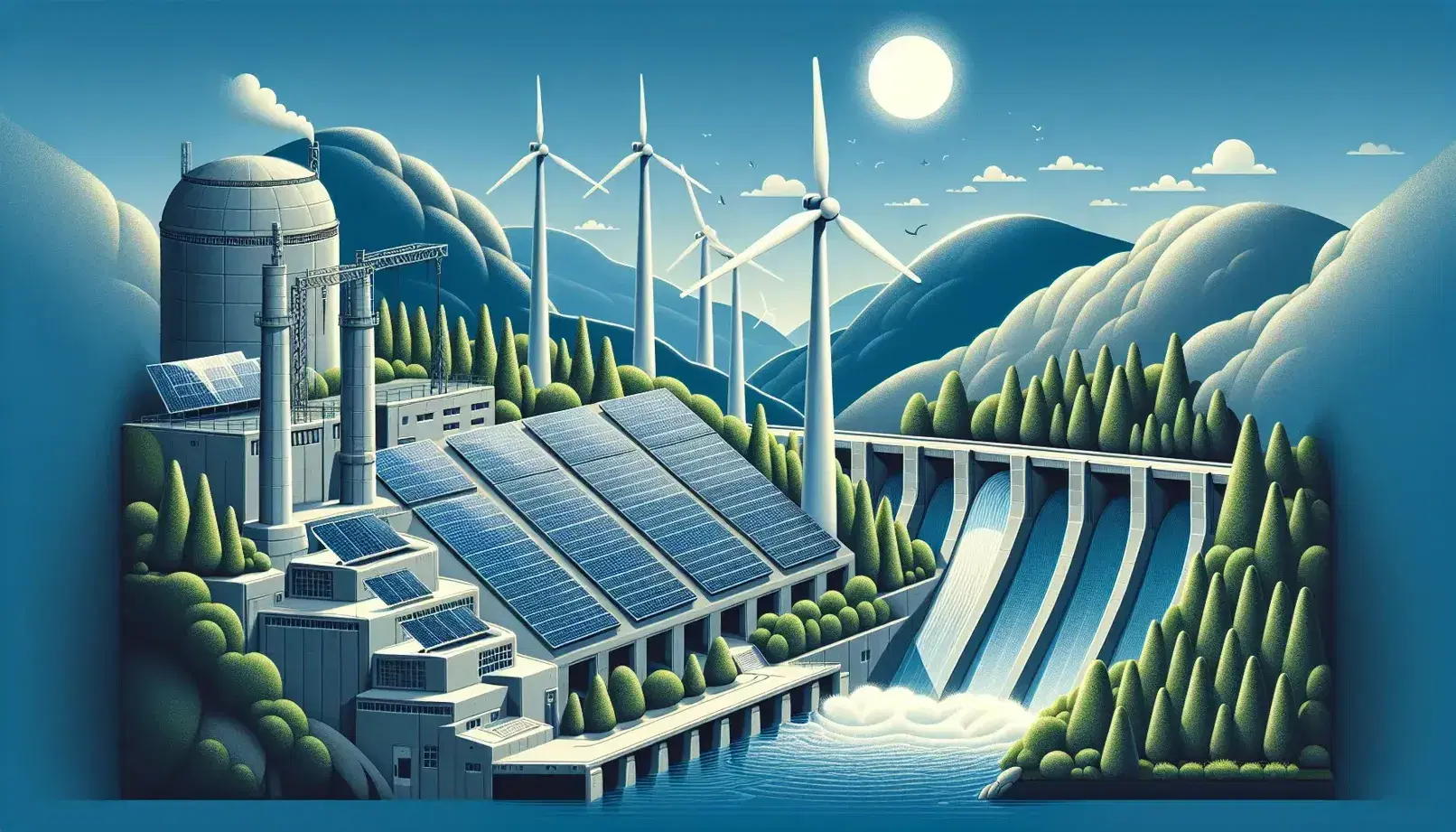 Paneles solares azules y turbina eólica blanca bajo cielo despejado, junto a presa hidroeléctrica y planta de energía limpia en paisaje natural.