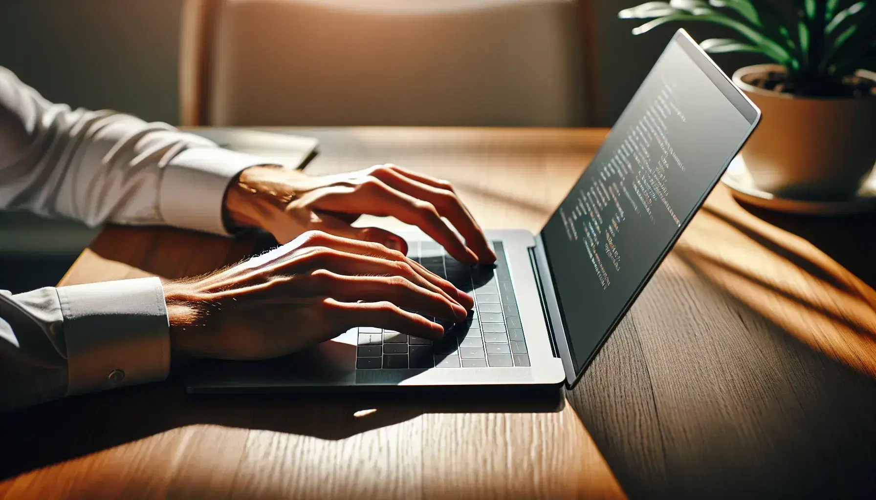 Hands typing on a laptop keyboard on wooden desk with blurred green plant in the background, bright and focused environment.