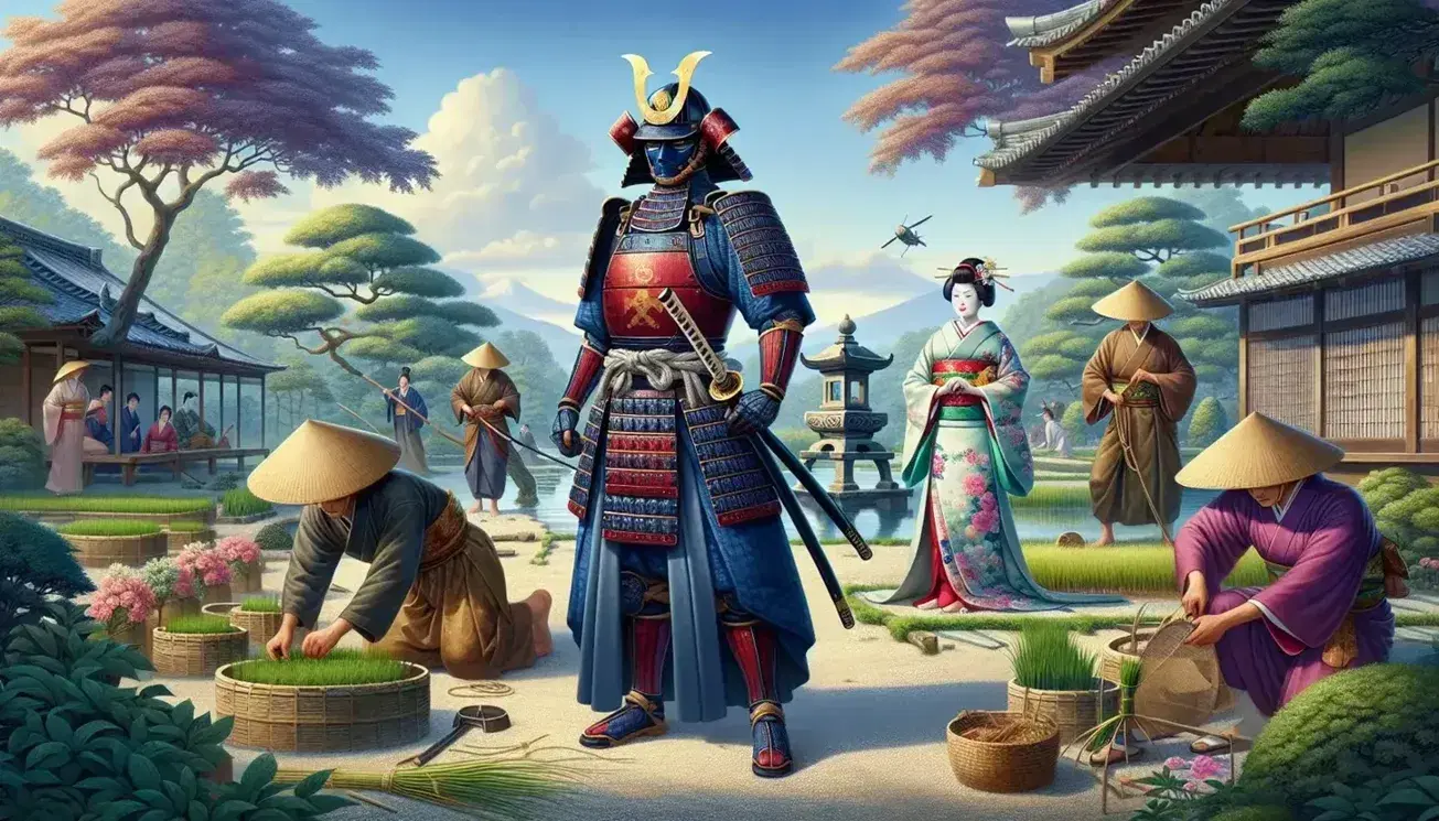 Samurai in indigo and crimson armor stands in a Japanese garden with peasants farming, a noblewoman in a kimono, and a koi pond under a clear sky.