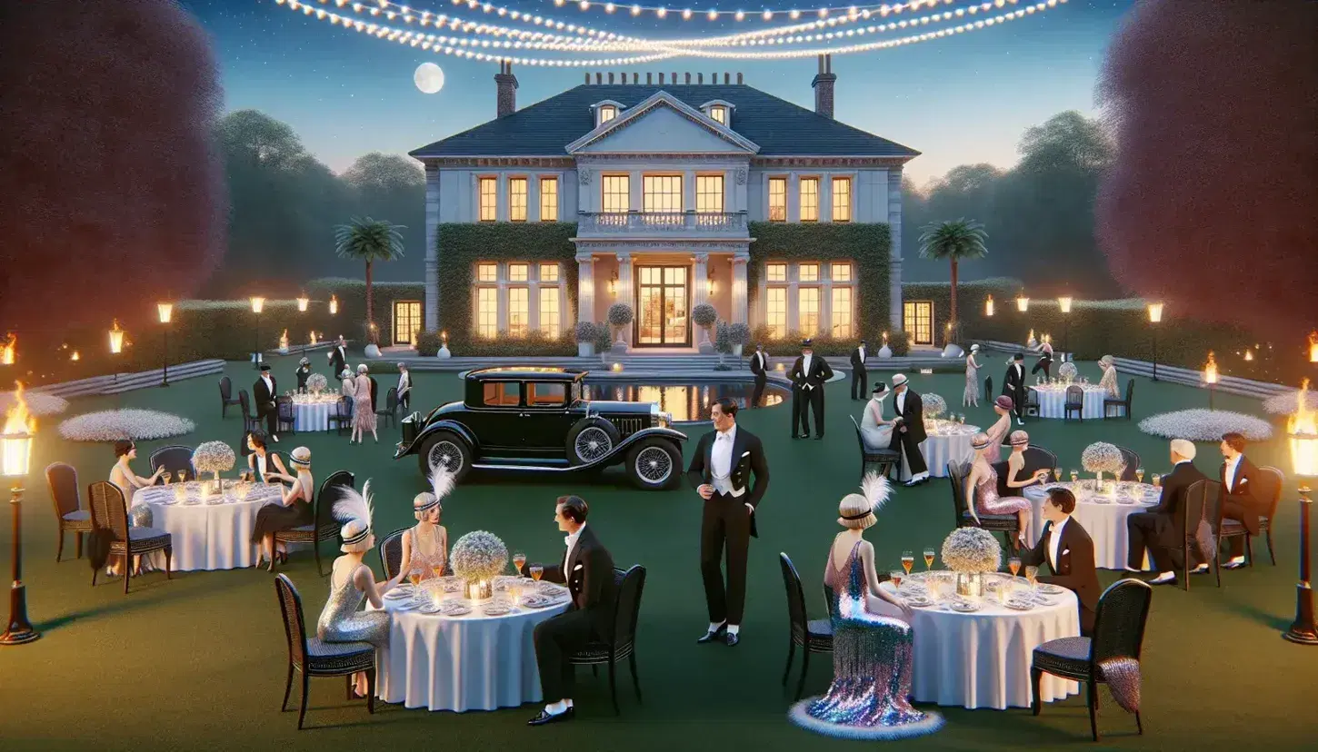 1920s-themed party with guests in flapper dresses and tuxedos, grand mansion backdrop, vintage car, and outdoor string lights at twilight.
