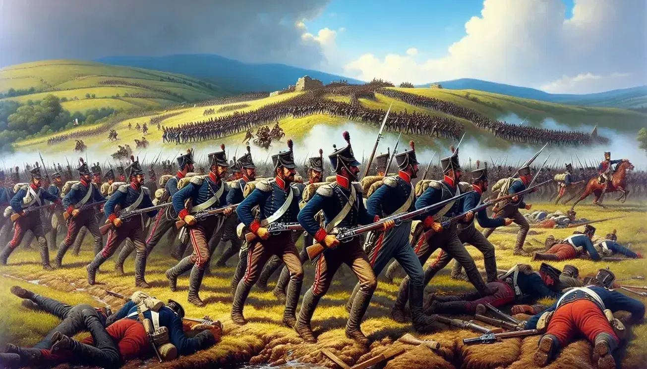 Scena di battaglia delle guerre d'indipendenza italiane con soldati in uniformi blu e pantaloni rossi avanzanti su terreno collinare.