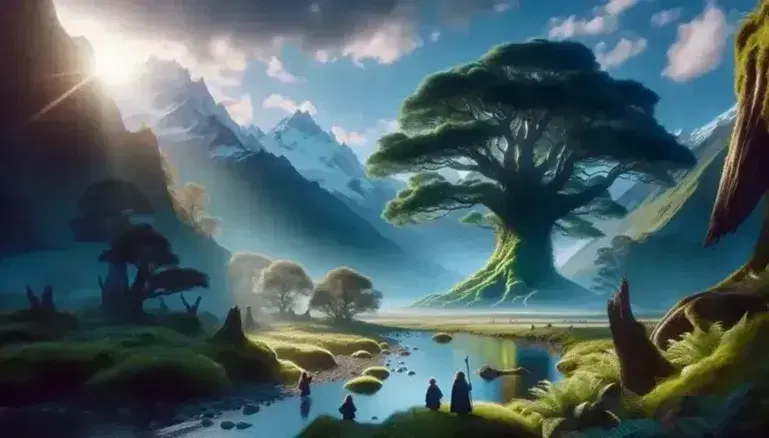 Paesaggio naturale fantasy con albero maestoso, tre figure simili a hobbit su erba verde, montagne innevate in lontananza e ruscello luminoso.