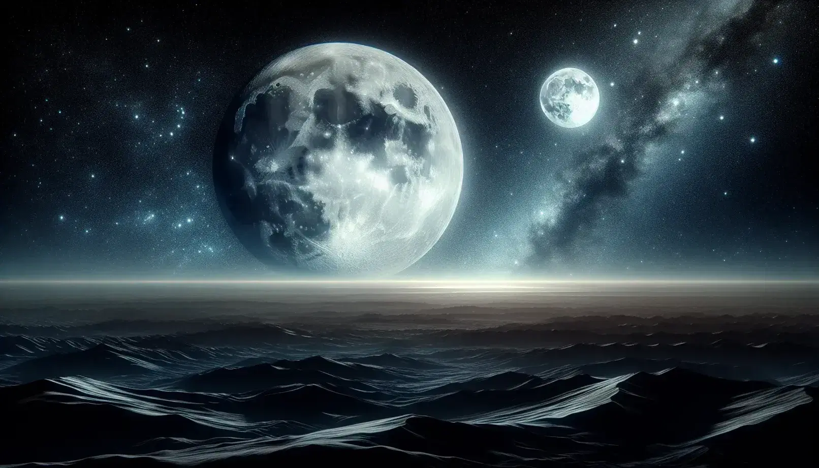 Luna piena luminosa in cielo notturno con orizzonte montuoso e stelle scintillanti, senza presenza umana o artificiale.