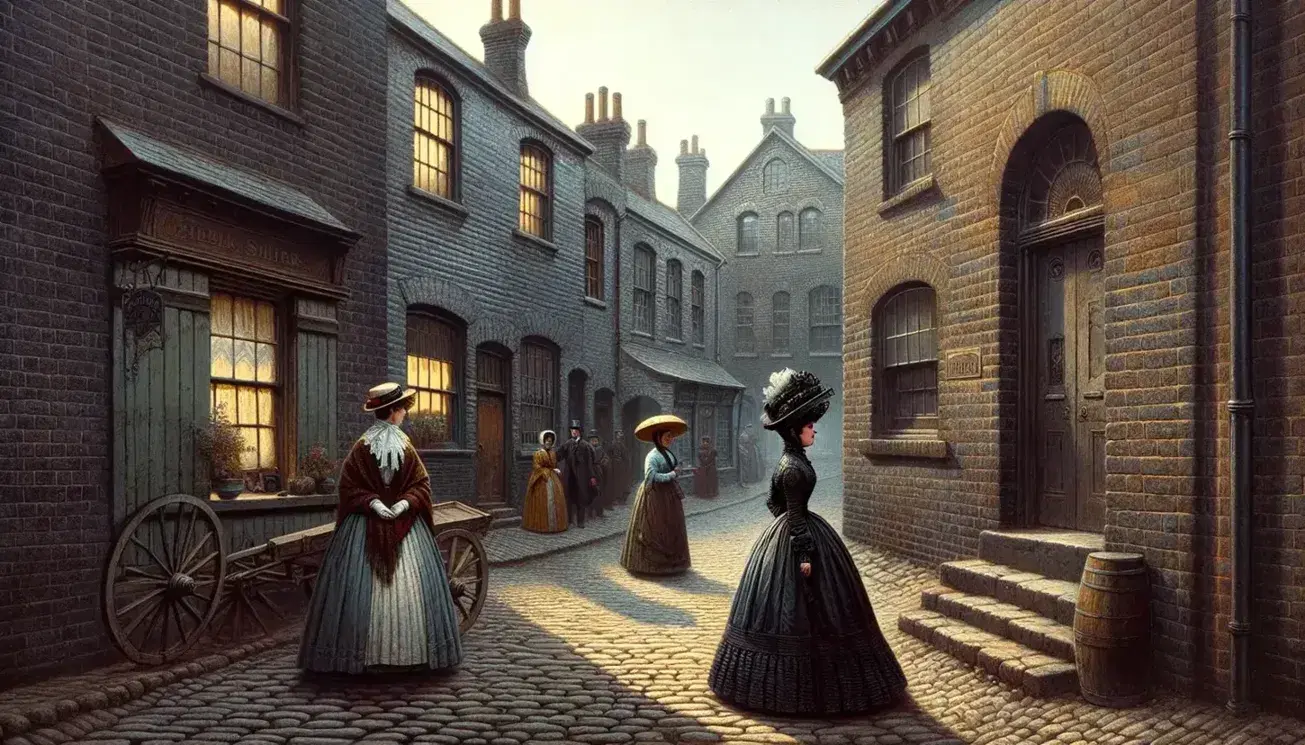 Victorian street scene with a working-class woman in dark attire, an upper-class woman with a parasol, and a horse-drawn carriage driven by a Black man.