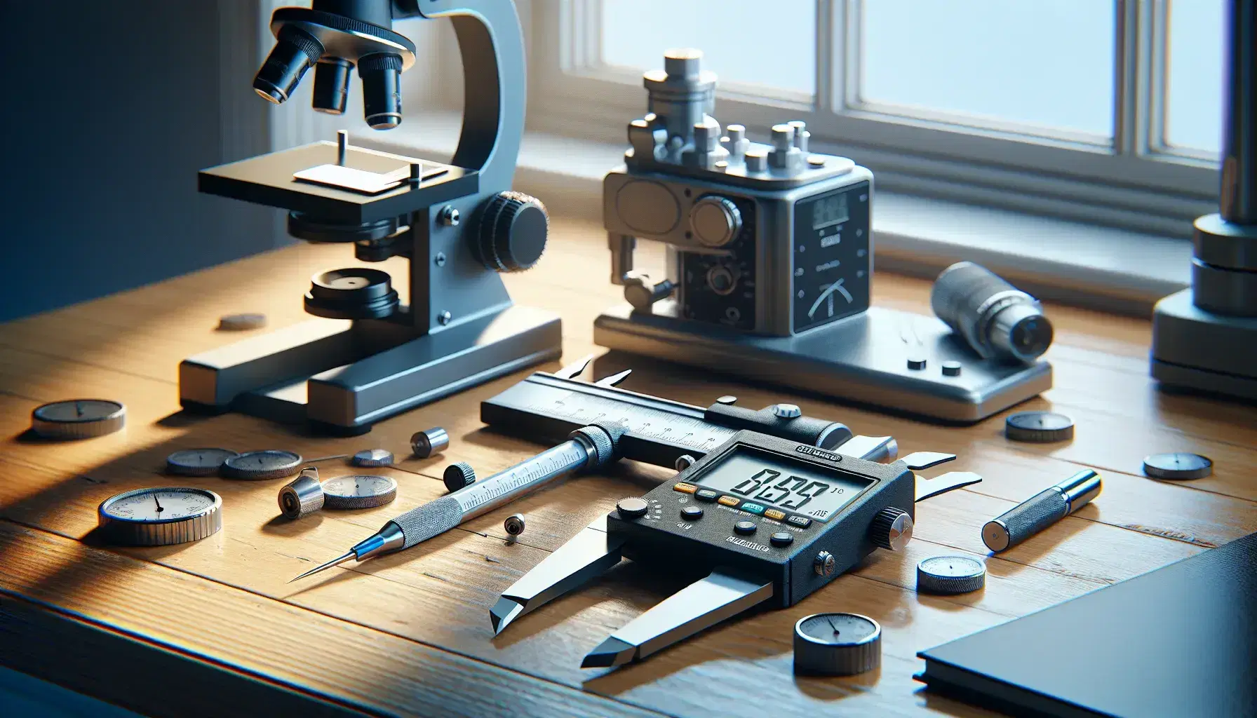 Mesa de madera clara con herramientas de medición: micrómetro de precisión, calibre vernier, cronómetro digital y balanza analítica de laboratorio, con un microscopio al fondo.