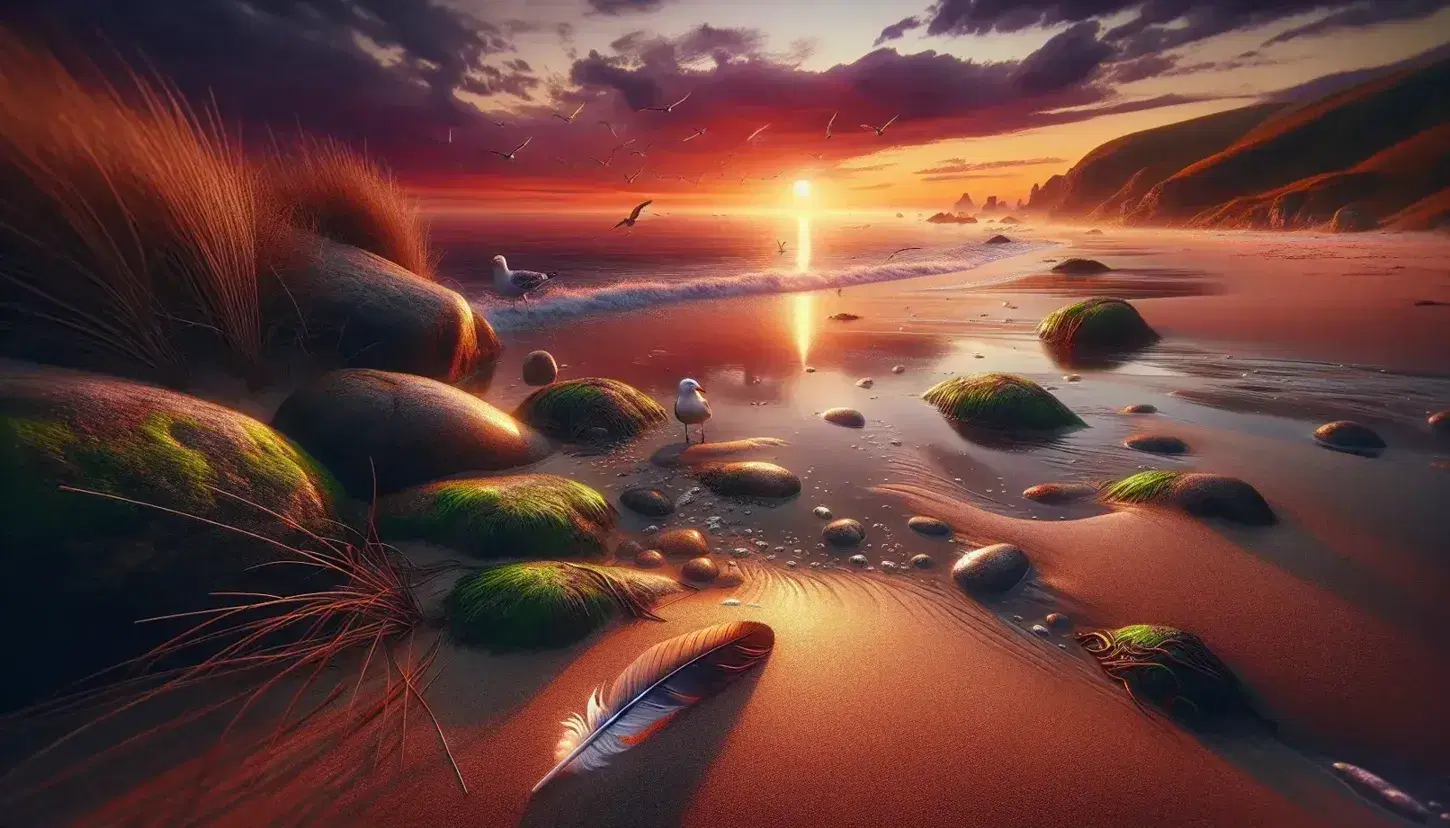 Tramonto sulla spiaggia con piuma in primo piano, onde lievi, gabbiano su scogli muschiosi e dune erbose, cielo infuocato.