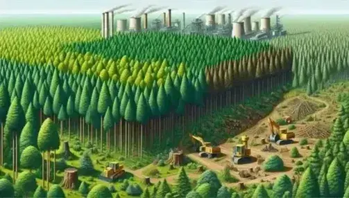 Forest landscape with deciduous and coniferous trees that fades into an industrial area with smokestacks and earthmoving machinery.