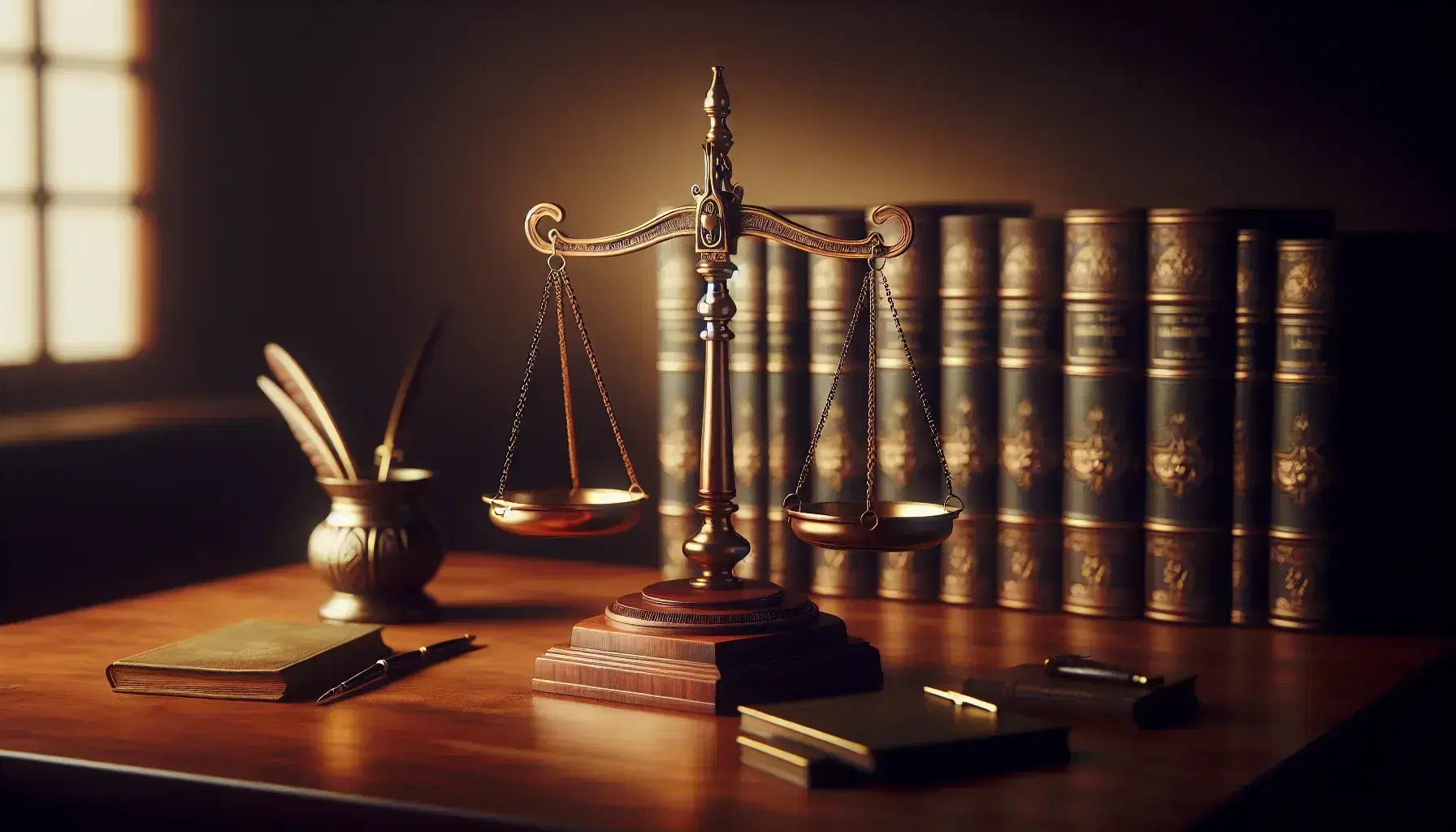 Balanced wooden justice scale on a mahogany desk with polished brass pans, flanked by legal tomes and an antique quill pen with inkwell.