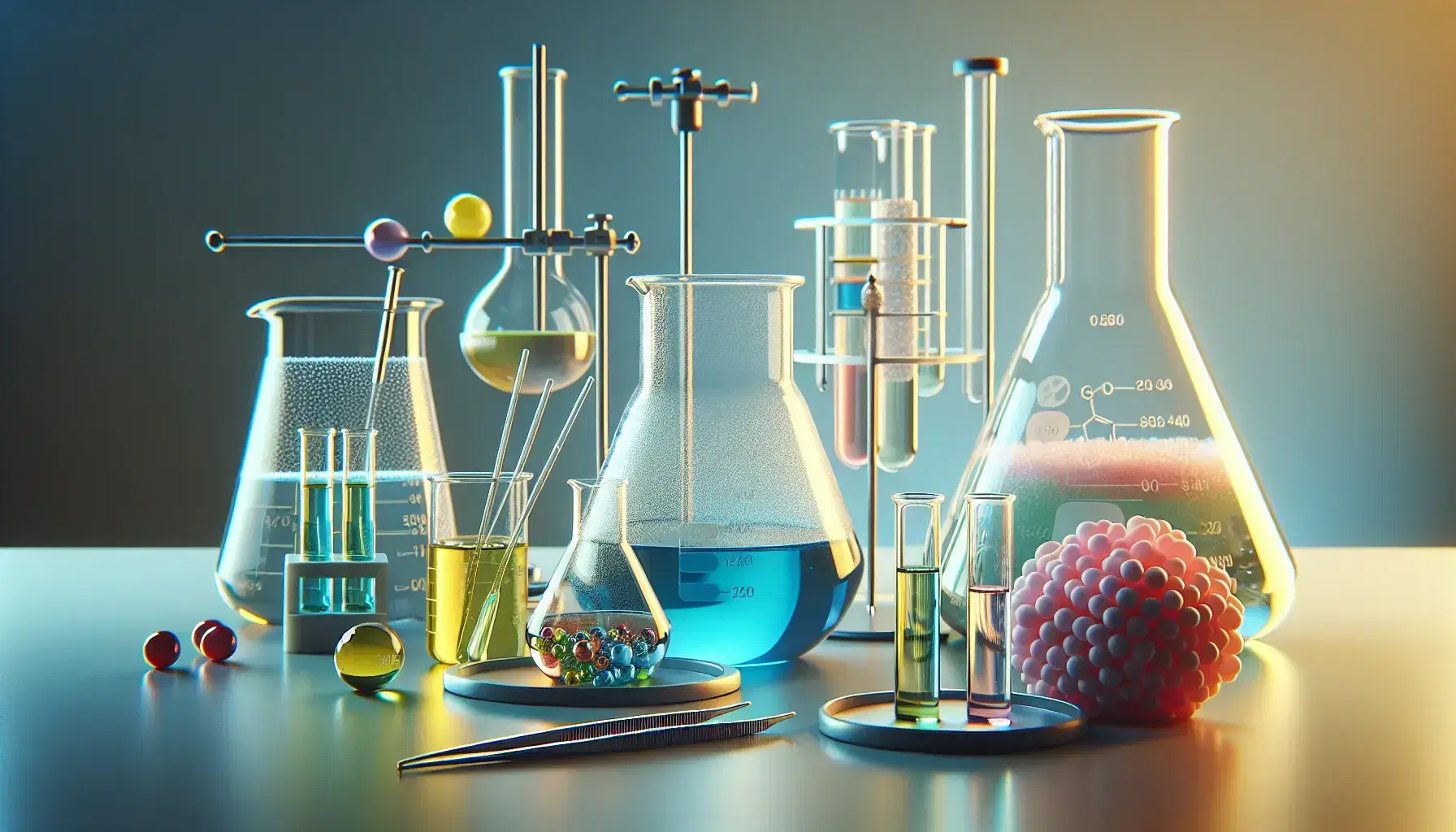 Laboratorio con matraces Erlenmeyer con líquidos azul, amarillo y transparente, vaso con mezcla heterogénea y tubo con coloide rosa.